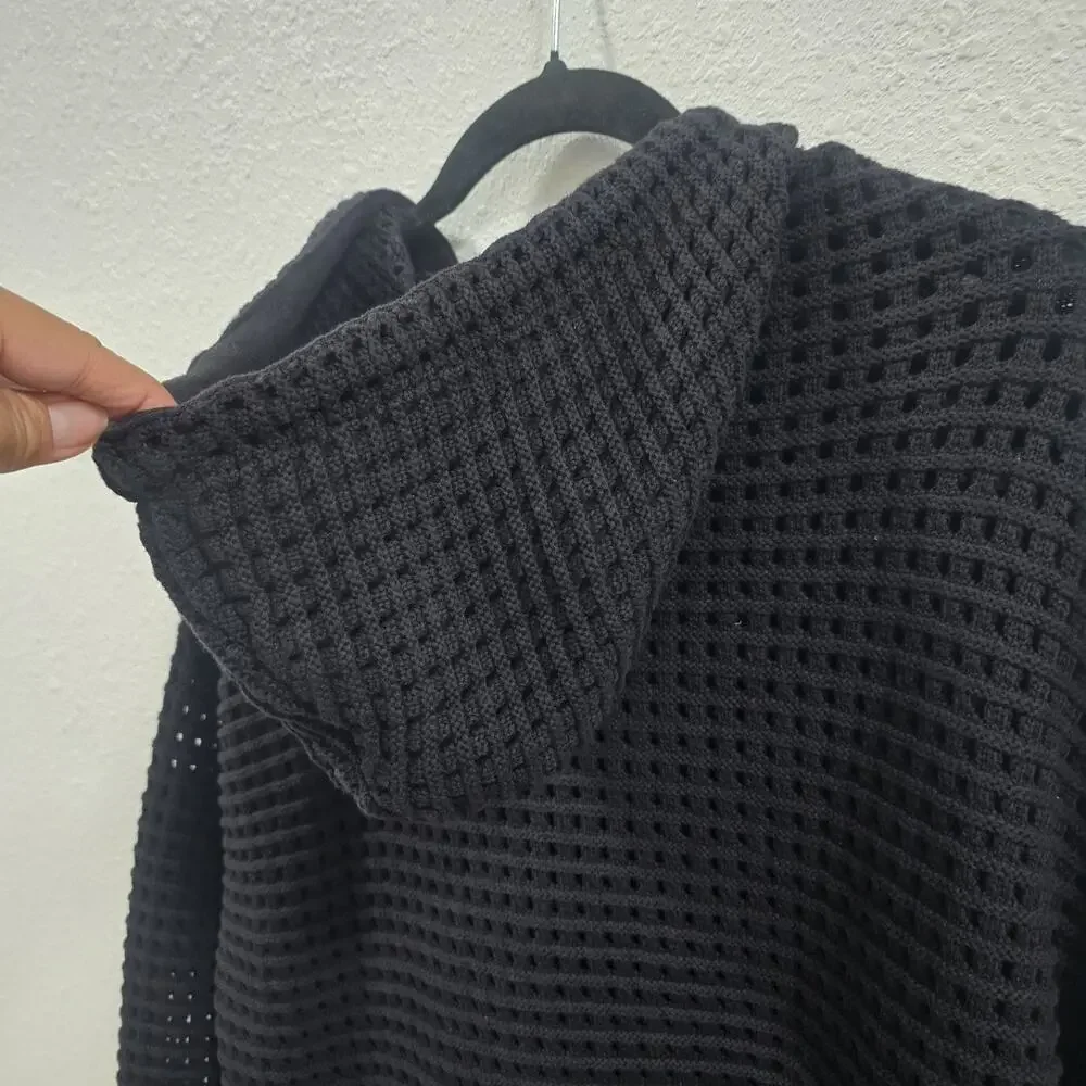 ZARA Mens Black Knit Hoodie Sweater Waffle Open Weave Cotton Pullover Size M - Picture 9 of 11